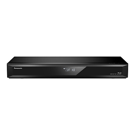 Schwarzer Blu-ray-Player von Panasonic. Auf dem Display sind Zeichen zu sehen, auf der rechten Seite das Blu-ray-Logo.