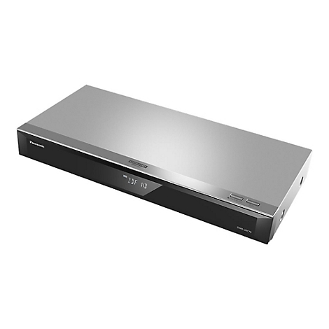 Ein silberner Panasonic Blu-ray-Player. Auf dem Display steht „2DF HD“. Knöpfe und Ultra HD Logo sind ebenfalls zu sehen.