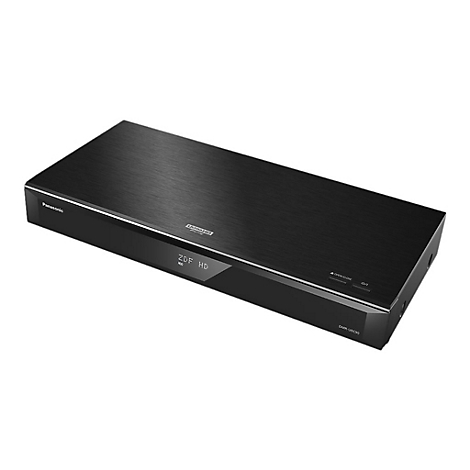 Schwarzer Panasonic Blu-ray-Player. Auf der Frontanzeige stehen ZDF HD. Oben steht Ultra HD Blu-ray.