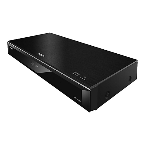 Panasonic Blu-ray Recorder mit schwarzer, gebürsteter Metalloberfläche vor weißem Hintergrund.