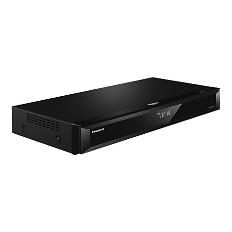 Schwarzer Blu-ray-Player, Marke Panasonic, mit Display. Gerät liegt auf weißem Hintergrund.