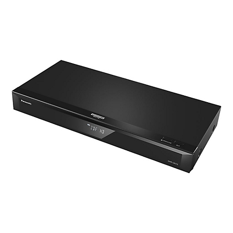 Schwarzer Panasonic Blu-ray-Player. Auf der Front steht ULTRA HD, darunter 23F HD und Bedientasten. Auf der oberen linken Seite ist Panasonic sichtbar.