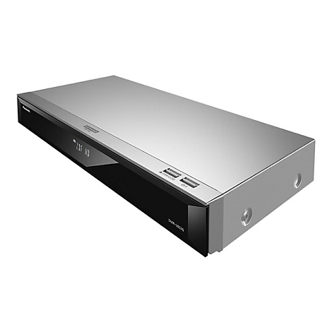 Silberner Panasonic Blu-ray-Player, schwarze Front, Ultra HD Logo, Text DMR-UBS70, zwei USB-Ports und Schriftzug "Open/Close".