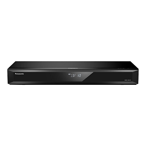 Schwarzer Panasonic Blu-ray-Player, Anzeige zeigt "ZDF HD". Modellname: DMR-UBS70.
