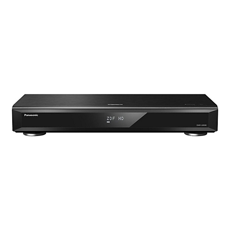 Schwarzer Panasonic Blu-ray-Player, Anzeige "ZDF HD", Modell DMR-UBS90, auf hellem Hintergrund.