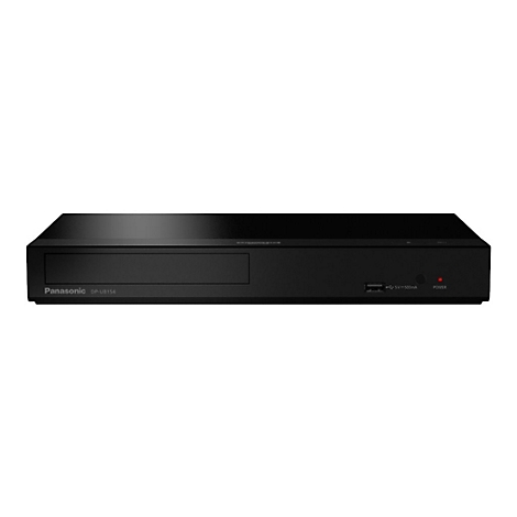 Lecteur Blu-ray Panasonic DP-UB154 noir. Face avant : logo et nom du modèle. Droite : port USB et indicateur d'alimentation.