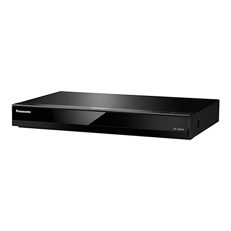 Schwarzer Panasonic Blu-ray-Player, Modell DP-UB424, auf weißem Hintergrund.