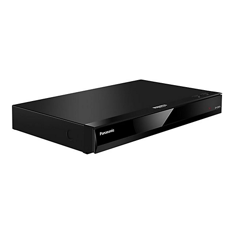 Schwarzer Panasonic Blu-ray-Player, von vorne fotografiert, auf weißem Hintergrund.