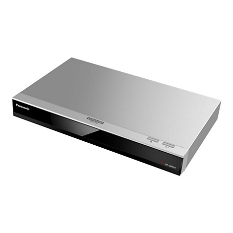 Un lecteur Blu-ray Ultra HD Panasonic argenté. Le lecteur a une forme lisse et rectangulaire avec une façade noire et le mot 'Panasonic'.