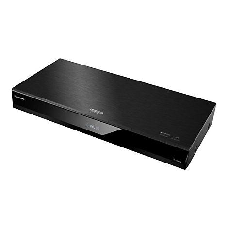 Schwarzer Panasonic UHD Blu-ray Player. Oben mit gebürsteter Oberfläche, unten glänzend, mit Display und Tasten.