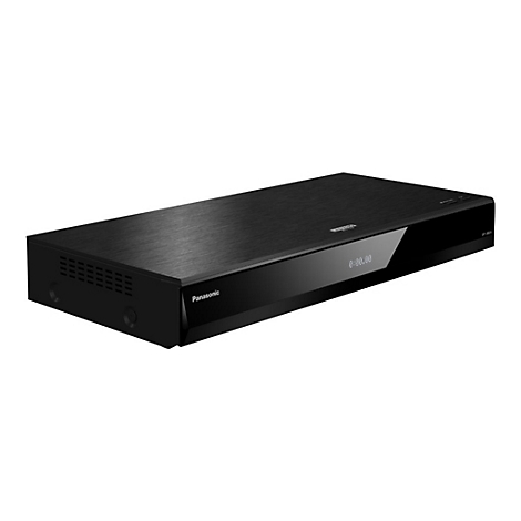 Schwarzer Panasonic Blu-Ray Player. Auf der Anzeige steht 0:00.00. Auf der Oberseite steht Ultra HD.