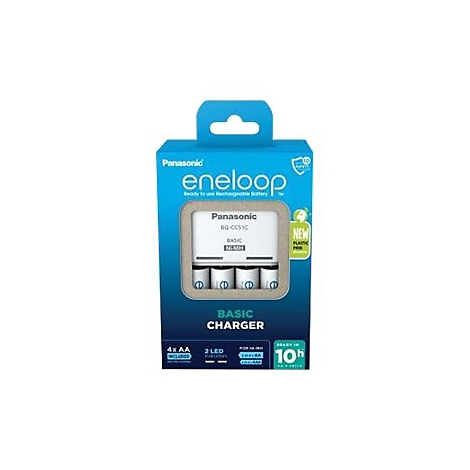 Blaues Panasonic eneloop Batterieladegerät in Originalverpackung mit vier enthaltenen AA-Batterien.