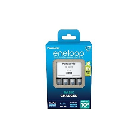 Panasonic eneloop Basisladegerät in blauer Verpackung mit vier enthaltenen AAA-Akkus.