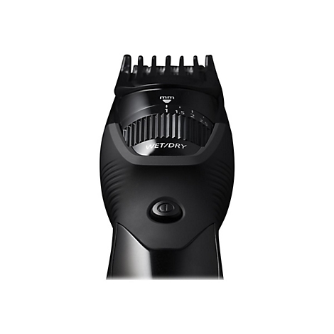 Schwarzer Bartschneider. Einstellrad mit Zahlen und WET/DRY Beschriftung. Ein-/Ausschalter unten.