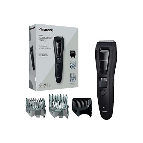 Schwarzer Bart- und Haartrimmer mit Zubehör und Verpackung von Panasonic. Auf der Verpackung steht "BEARD/HAIR/BODY TRIMMER".