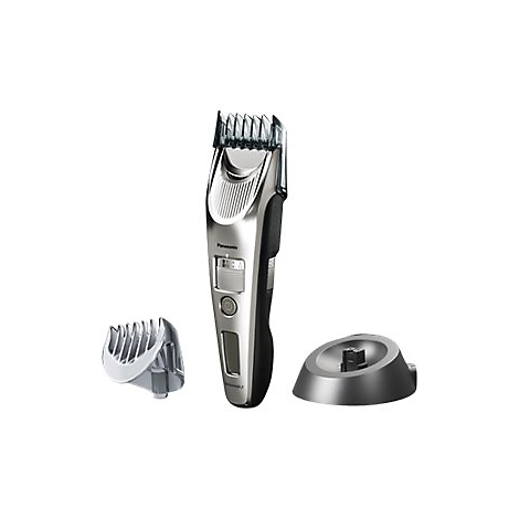 Elektrischer Haarschneider mit Zubehör, silber-schwarz. Aufsätze und Ladestation.