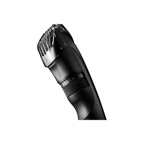 Detailaufnahme eines schwarzen Bartschneiders. Einstellrad mit Zahlen, transparente Schneideaufsatz.