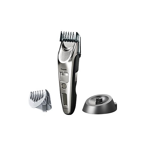 Silber-schwarzer Panasonic Haarschneider mit Aufsatz, Ladestation und zusätzlichem Kammaufsatz.