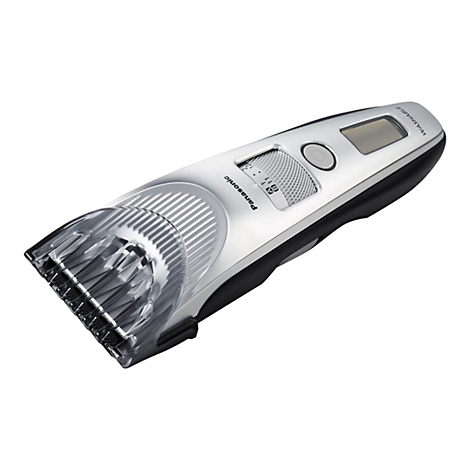 Silber-schwarzer Panasonic Haarschneider mit transparentem Aufsatz vor weißem Hintergrund.