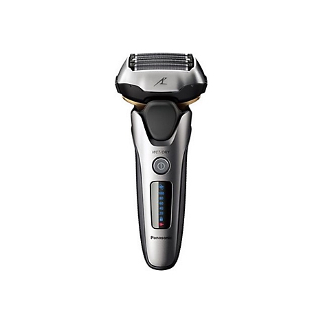 Elektrischer Panasonic Rasierer in Silber mit Display und Ein-Aus-Taste auf weißem Hintergrund.