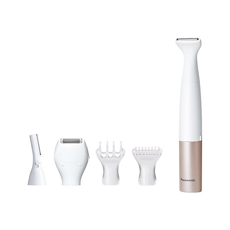 Rasoir électrique pour femmes avec accessoires. Blanc et or, sur fond blanc.