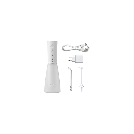 Hydropulseur blanc avec accessoires : chargeur, accessoires et câble, isolé sur fond blanc.