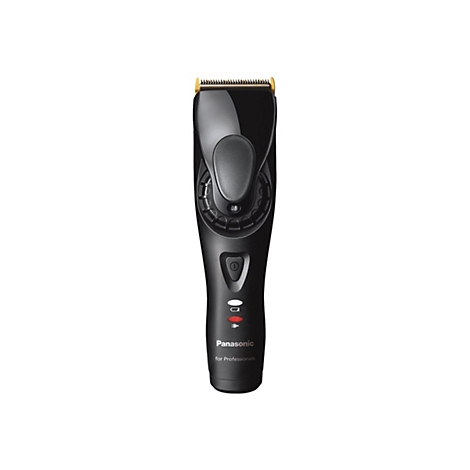 Schwarze Panasonic Haarschneidemaschine mit goldenem Scherkopf vor weißem Hintergrund.