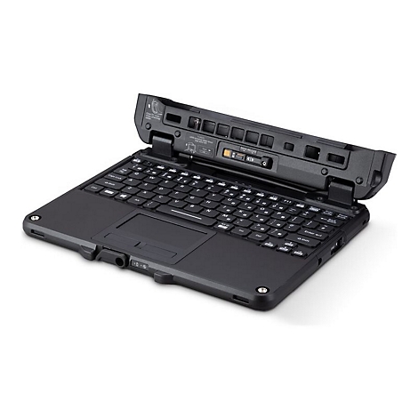 Schwarze Notebook-Tastatureinheit mit Docking-Anschluss vor neutralem Hintergrund.