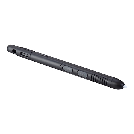 Schwarzer Eingabestift für Tablets mit zwei seitlichen Tasten und weißer Spitze vor weißem Hintergrund.