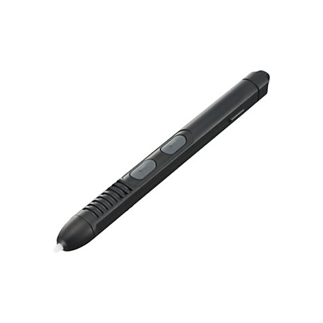 Schwarzer Eingabestift mit grauen Tasten und weißer Spitze vor weißem Hintergrund.