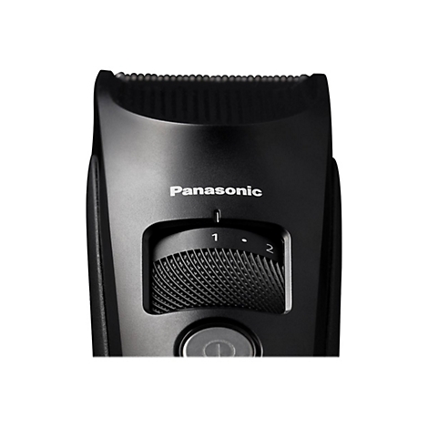 Nahaufnahme eines schwarzen Panasonic Bartschneiders mit Einstellungen von 1 bis 2.