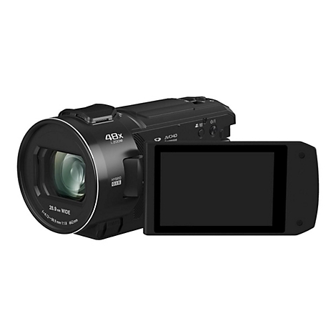 Schwarze Videokamera mit ausklappbarem Bildschirm, Aufschrift 48x i.zoom. Der Objektivring trägt die Beschriftung 28,9 mm WIDE.