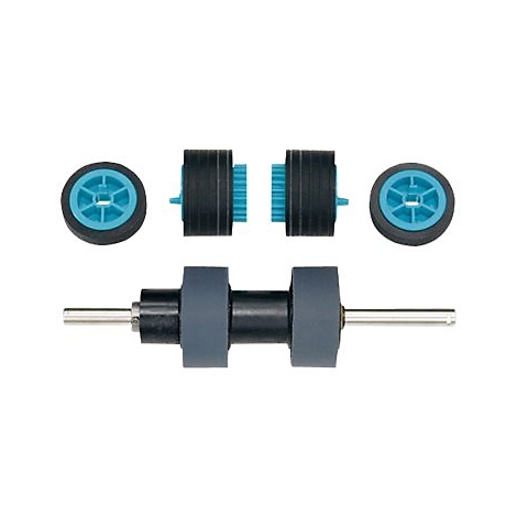 Mehrere Radkomponenten für ein mechanisches Gerät. Einzelne Räder, Zahnräder und eine Welle mit montierten Rollen.