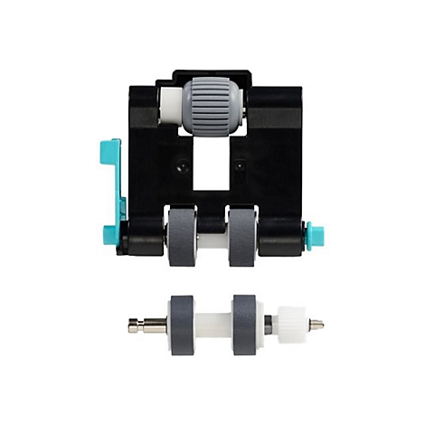 Detailaufnahme eines schwarzen Druckerzubehörs mit grauen und türkisfarbenen Elementen, vor weißem Hintergrund.