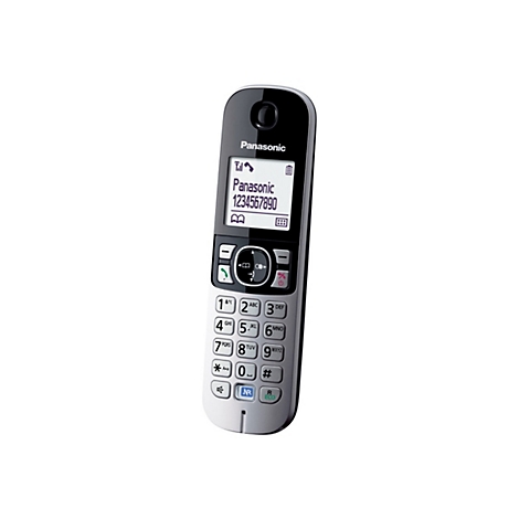 Schnurloses Telefon von Panasonic. Schwarzes Oberteil, weiÃŸes Unterteil. Anzeige: Panasonic, Rufnummer. Tasten zur Nummerneingabe.
