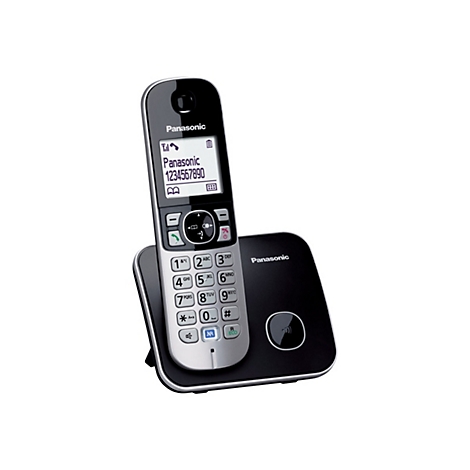 Schnurloses Telefon in Schwarz und Silber, mit LCD-Display, das Telefonnummer und Hersteller anzeigt.