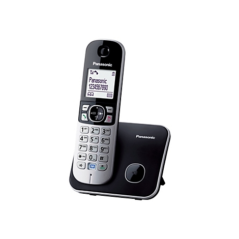 Schnurloses Panasonic-Telefon mit Ladestation in Schwarz und Silber.