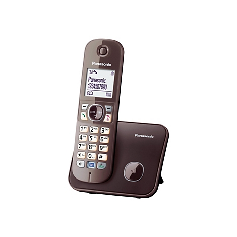 Dunkelbraunes Panasonic Schnurlostelefon mit Basisstation auf weißem Hintergrund.
