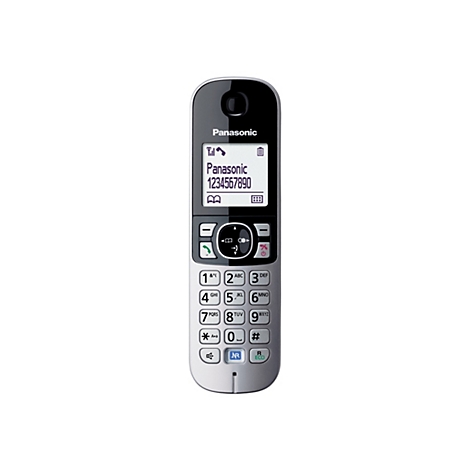 Silber-schwarzes Panasonic Schnurlostelefon vor weißem Hintergrund.