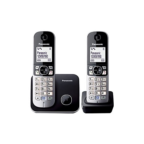 Zwei silber-schwarze Panasonic DECT-Schnurlostelefone mit Ladestationen vor weißem Hintergrund.