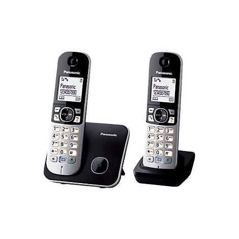 Zwei silber-schwarze Panasonic DECT-Telefone mit Basisstation auf weißem Hintergrund.
