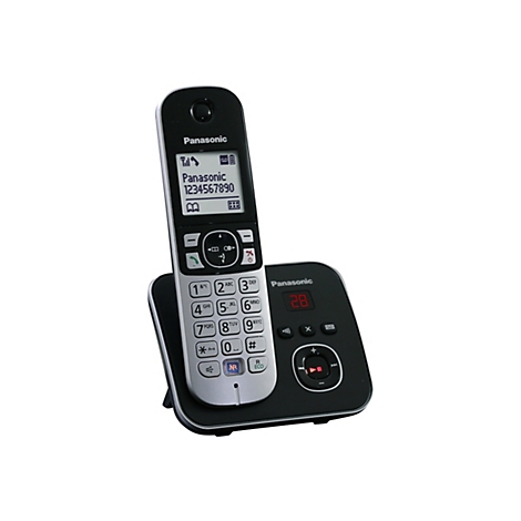 Schwarzes Panasonic Schnurlostelefon mit silberner Tastatur in Ladestation vor weißem Hintergrund.