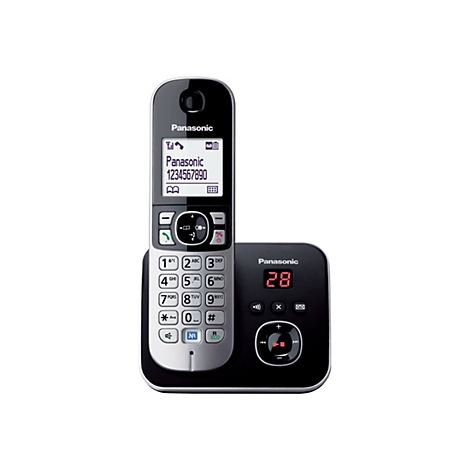 Schwarzes Panasonic Schnurlostelefon mit Basisstation und leuchtendem Display vor weißem Hintergrund.