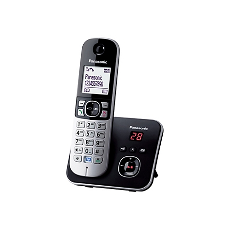 Schwarzes Panasonic Schnurlostelefon mit silberner Tastatur und Basisstation mit Anrufbeantworter.