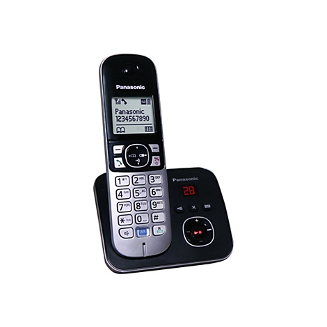 Schwarzes Panasonic DECT-Telefon mit silberner Tastatur auf einer Basisstation mit Anrufbeantworter.