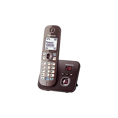 Dunkelbraunes schnurloses Panasonic Telefon mit Basisstation vor weißem Hintergrund.