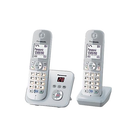 Zwei silber-weiße Panasonic Schnurlostelefone mit Basisstation vor weißem Hintergrund.