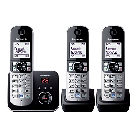 Drei silberne Panasonic DECT-Telefone, eines davon auf einer Basisstation mit Anrufbeantworter.
