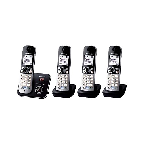 Vier silber-schwarze Panasonic DECT-Telefone mit Basisstation vor weißem Hintergrund.