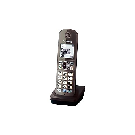 Schnurloses Telefon auf einer Ladestation, Display mit Panasonic-Logo und Telefonnummer. Graue Tasten.